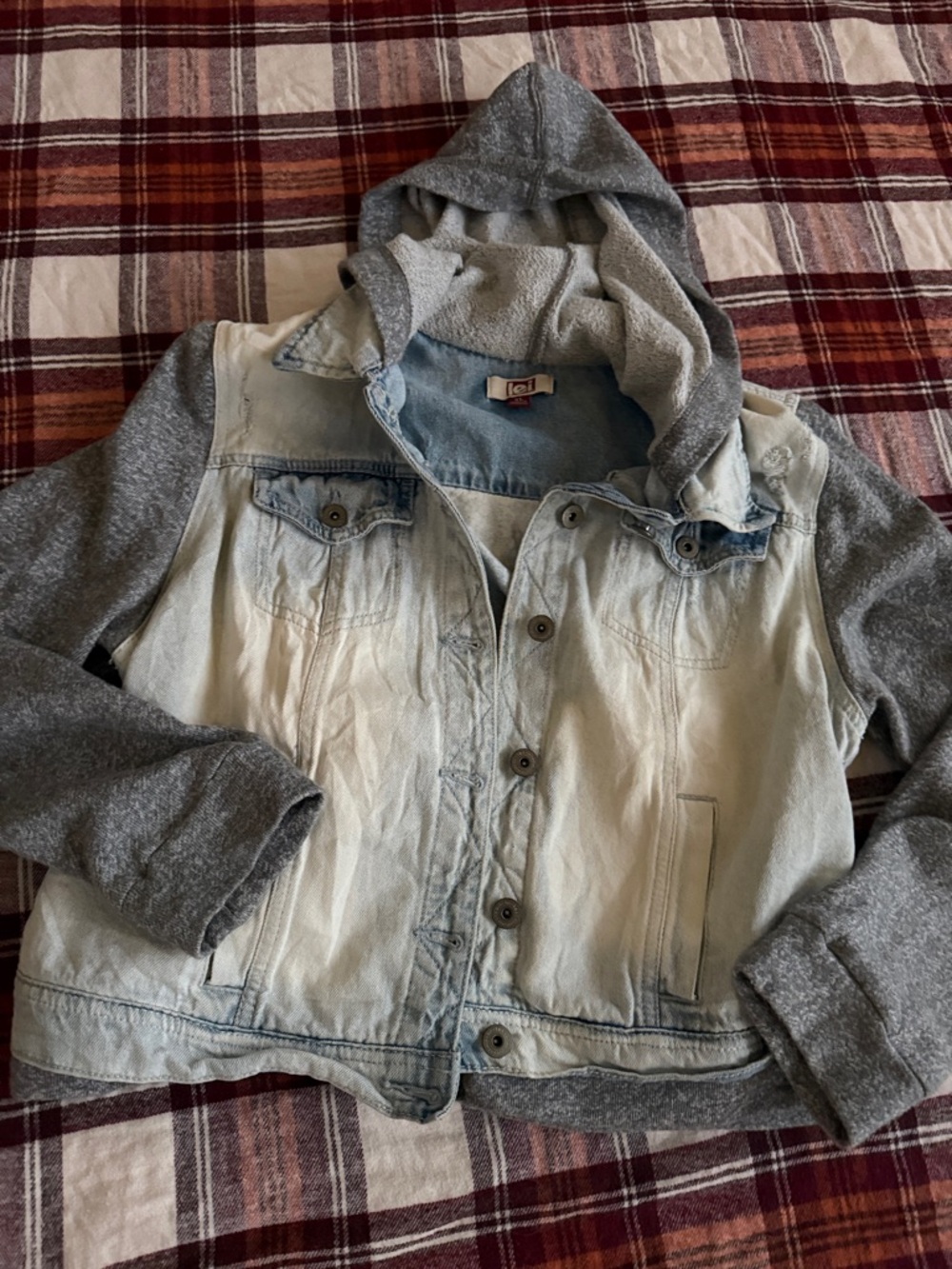 lei  Light Blue Distressed Denim Jacket with Gray Hood Fits Youth XL or Womens S
